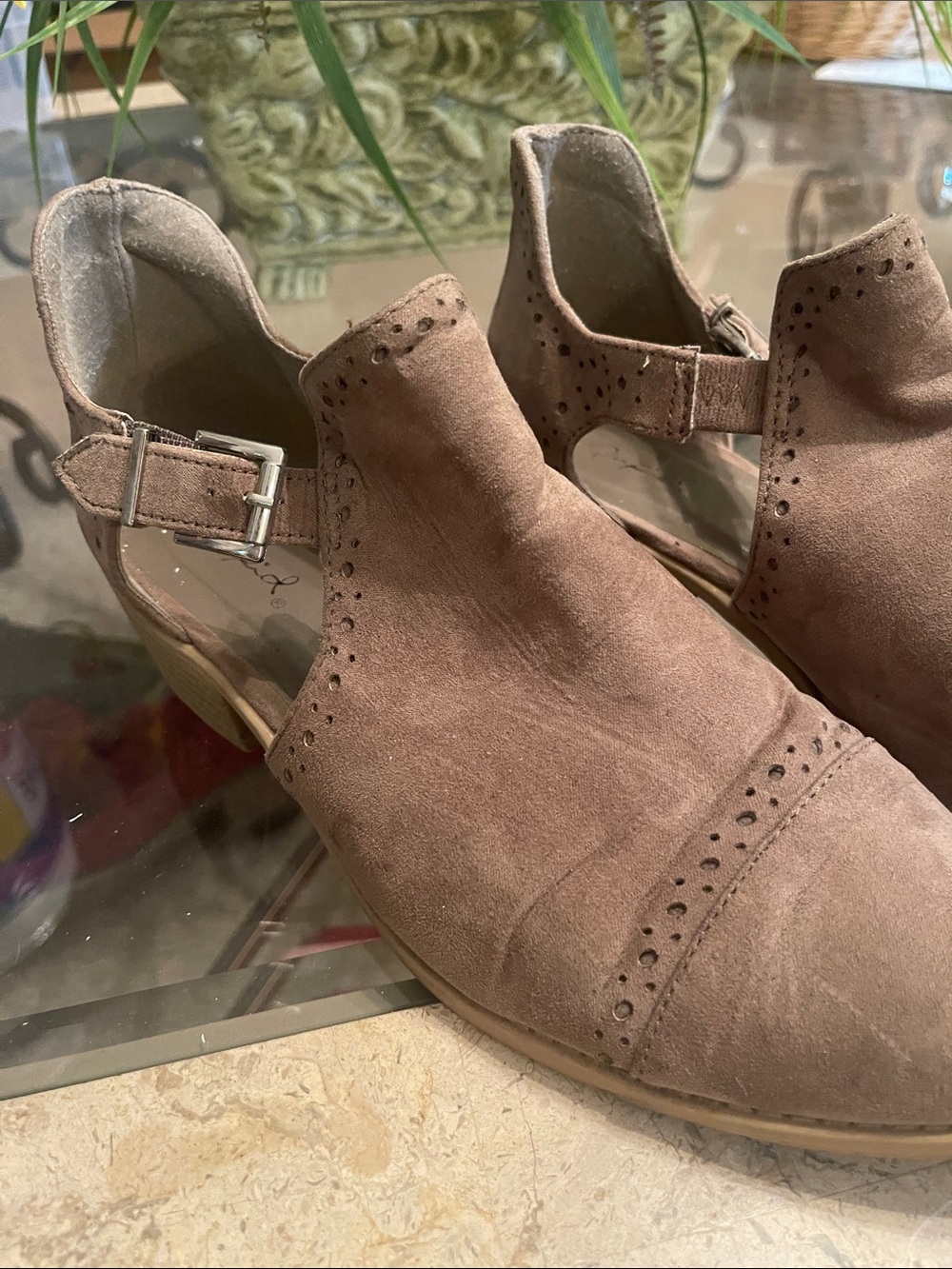 Qupid Taupe Suede Cutout Mule with Buckle